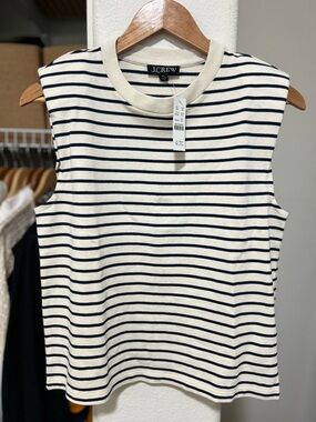 J.CREW Padded Shoulder Striped Muscle Tee Ivory Navy 100% Cotton